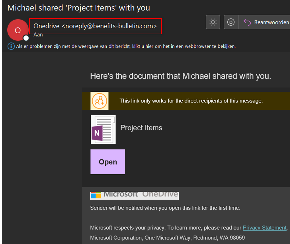 Een voorbeeld van phishing waarbij echt lijkende Microsoft kenmerken worden gebruikt.